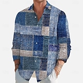 billige Geometrisk mønster-Herre Geometrisk Fargeblokk Lapper Skjorte Skjorte med knapper Langermet Fashion Casual utendørs Daglig Gateklær Vår Høst Aftæpning 3D-utskrift Front One Lomme Lin som skjorte Blå