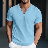 preiswerte Lässiges Henley-T-Shirt-Herren Henley Hemd T-Shirt Kurzarm Einfarbig Einfach Mode Designer Basic Knöpfe V Ausschnitt Urlaub Straße Lässig Sommer Dunkelgrau Weiß Blau Henley T-Shirt