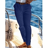 baratos Feriado-Homens Calças de linho Calças Calça verão Calças Cropped Calças de praia Bolsos Botões Tecido Conforto Respirável Comprimento total Casual Diário Feriado Férias Moda Preto Branco