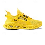 billige Sneakers til herrer-gule herresneakers med flammedesign, lett, pustende overdel, komfortabel passform for løping, trening og hverdagsbruk