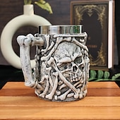 economico Halloween Cucina-Tazza teschio di Halloween in resina 3D &amp;Boccale da birra in acciaio inox a doppio strato, tazza da caffè a forma di teschio, bicchieri per feste di Halloween, regalo fantastico per gli amanti della