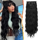 baratos Clip nas extensões-Extensões de cabelo com clipe ondulado de 20 polegadas, 5 peças de apliques sintéticos grossos e macios, pretos naturais, cabeça inteira, extensões de cabelo com clipe para mulheres, longas,