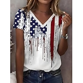  Футболка для женщин на День независимости патриотичная графический флаг винтажная модная классическая короткий рукав V-образный вырез обычные топы повседневная принт белый лето весна
