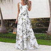 preiswerte Druck Blumen Kleider-Damen Langes Kleid Maxikleid Freizeitkleid Schwingkleid Sommerkleid Unterkleid Elegant Mode Modern Täglich Strand Wochenende Normale Passform Blume Ärmellos Rundhalsausschnitt Schwarz und Wei