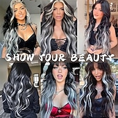 abordables Clip dans les extensions-Extensions de cheveux à clipser 24 pouces 8 pièces mélange noir naturel gris argenté extensions de cheveux synthétiques longs ondulés extensions à clips épais double trame pour femmes