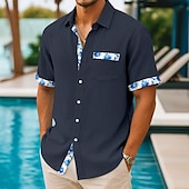 preiswerte Urlaub-Herren Hemd Leinenhemd Sommerhemd Strandhemd Sommer Hawaiihemd Blumen Urlaub Lässig Weiß Rosa Marineblau Leicht Blau Kurzarm Kragen Sommer Bekleidung Patchwork
