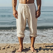 cheap Holiday-Men&#039;s Linen Pants Trousers Summer Pants Beach Pants Pocket Drawstring Elastic Waist Striped Comfort Breathable Vacation Daily Holiday Hawaiian Boho White