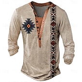 Men's Geometric Print T Shirt Henley Shirt Long Sleeve Designer Retro Vintage Ethnic Street Casual Daily Summer Spring Fall Khaki Henley Henley T-Shirt3