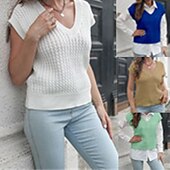 ieftine Veste din Tricot-Pentru femei Vestă pulover Plover Casual Culoare solidă Grosolan În V Tricotat Fără manșon Topuri obișnuite Tricotat Zilnic Concediu Ieșire Alb Albastru piscină Vară Toamnă