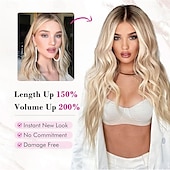 abordables Extensiones sintéticas-Extensiones de cabello con clip, 4 unidades, 24 unidades, ondas playeras largas y gruesas, trama de encaje invisible, rubio medio con reflejos rubios, HE003