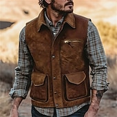 preiswerte Men&#039;s Vest-Herren Weste Gilet Outdoor Täglich Vintage Lässig Frühling Herbst Tasche Knöpfe Polyester Bequem Einfach Einreihig Ein-Knopf Revers Normale Passform Braun Weste