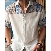 preiswerte Freizeithemden für Herren-Herren Hemd Sommerhemd Freizeithemd Strandhemd Knopfhemd Weiß Blau Dunkelblau Kurzarm Blatt Revers Urlaub Hawaiianisch Druck Bekleidung Polyester Mode Lässig Bequem
