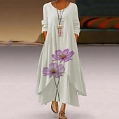 abordables Robes Floraux Imprimés-Femmes Robe Longue Maxi Robe Robe Décontractée Robe Imprimée Élégant Mode Classique Extérieur Vacances Fête Coupe régulière Fleur manche longue Col en V Blanche Jaune Été Printemps