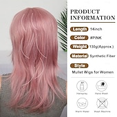 tanie Peruki historyczne-Peruki Mullet dla Czarno-Kobiet Prosta Peruka Wolf Cut Mullet Peruka Warstwowe Mullet Peruki z Grzywką Miękkie Syntetyczne Shag 80s 90s Mullet Peruki dla Kobiet Rocker Cosplay Peruki Halloween