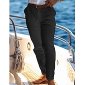 baratos Feriado-Homens Calças de linho Calças Calça verão Calças Cropped Calças de praia Bolsos Botões Tecido Conforto Respirável Comprimento total Casual Diário Feriado Férias Moda Preto Branco