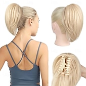 abordables Queue-de-cheval-Extension queue de cheval 10 pièces, postiche queue de cheval courte à clipser, chignon décoiffé, postiche synthétique naturel, doux et raide pour femme - brun foncé avec mèches