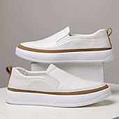 halpa Miesten lenkkarit-Miesten valkoiset keinonahkaiset slip-on-kengät ruskeilla reunuksilla – tyylikkäät ja mukavat rennot slip-on-kengät arkeen ja rentoon käyttöön