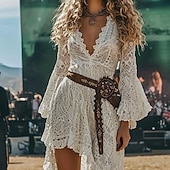ieftine Rochii Boho-Pentru femei Rochii Midi Rochie de dantela Rochie de epoca Modă Modern În aer liber Vacanță Concediu Fit regulat Simplu Manșon Lung În V Alb Vară