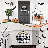 olcso hálaadás és őszi dekoráció-Őszi üdvözlő fa ajtófogas, halloween hálaadás tök 3D kockás bejárati ajtótábla, rusztikus függő verandakoszorú őszi lakberendezés
