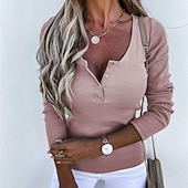 preiswerte Einfarbige Farben-Damen Bluse Einfach Modern Lässig Langarm V Ausschnitt Normale Oberteile Ferien Ausgehen Knöpfe Schwarz Rosa Blau Grün Khaki Herbst