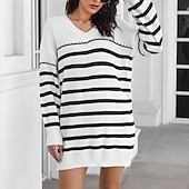 abordables Robes en tricot-Femmes Mini Robe Robe Pull Robe Décontractée Mode Extérieur Soirée Fête Coupe régulière Rayé manche longue Col en V Noir Blanche Automne