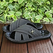 cheap Vacation Sandals-Men&#039;s Tan Faux Leather Slide Sandals Cross-Strap Open-Toe Design with Arch Support Great for Casual Summer Home and Street Style