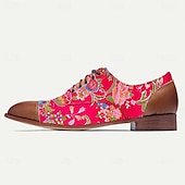 levne Jacquard boty-Pánské červené žakárové oxfordky s květinovým vzorem – barevné šněrovací polobotky s hnědým detailem na špičce, ideální pro oslavy a formální setkání