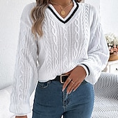preiswerte Einfarbige Farben-Damen Pullover Lässig Farbblock Gerippt V Ausschnitt Patchwork Gestrickt Langarm Normale Oberteile Stricken Täglich Ferien Ausgehen Weiß Blau Herbst