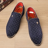 abordables Mocasines-Zapatos sin cordones de ante azul marino para hombre con detalles tachonados y detalles dorados: zapatos sin cordones de lujo para fiestas nocturnas, bodas y reuniones formales.