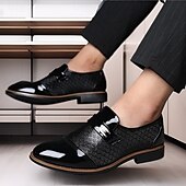 cheap Men&#039;s Slip-ons &amp; Loafers-Men’s Black Patent Faux Leather Loafers with Textured Scale Pattern and Metal Buckle, Elegant Slip-On Dress Shoes for Weddings, Business and Formal Events