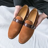tanie Mokasyny i trzewiki męskie-brązowe, męskie, zamszowe, wsuwane półbuty z paskiem ze sprzączką, idealne na przyjęcia biurowe i do codziennego noszenia