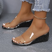 economico Sandali Casual-sandali con zeppa con cinturino trasparente da donna e tacchi dorati glitterati – eleganti scarpe estive per feste e uscite informali