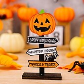 お買い得  ハロウィンの吊るし飾りとテーブルトップ装飾-ハロウィーンの木製卓上装飾2個、木とゴーストが付いたカボチャの文字サイン、ハロウィーンパーティーのディスプレイ用の不気味なスタンディングデコレーション