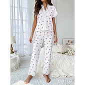  Dame Pyjamas Sett Fritid Komfort Kirsebær Elastisk midje Skjorte Bukse Hjem Daglig Kortermet V-hals Hvit Sommer Vår Høst Normal
