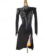 preiswerte Kleidung für lateinamerikanische Tänze-Latin Dance Kleid Strass Damen Performance Salsa Wettkampfkleidung Langarm Rumba Chacha Party Bühnentanzbekleidung