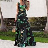 preiswerte Druck Blumen Kleider-Damen Langes Kleid Maxikleid Freizeitkleid Schwingkleid Sommerkleid Unterkleid Elegant Mode Modern Täglich Strand Wochenende Normale Passform Blume Ärmellos Rundhalsausschnitt Schwarz und Wei
