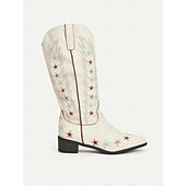 levne Cowboy &amp; Western Boots-Dámské krémové kovbojské boty ve westernovém stylu s barevnou výšivkou hvězd – retro rodeo boty do půli lýtek na country koncerty, festivaly a american outfity