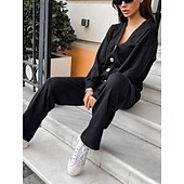 cheap Women&#039;s Blouse Suits-Women&#039;s Fashion Streetwear Daily Pants Sets Long Sleeve V Neck Plain Casual Daily Black Army Green Blue Fall Regular Fit