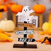 お買い得  ハロウィンの吊るし飾りとテーブルトップ装飾-ハロウィーンの木製卓上装飾2個、木とゴーストが付いたカボチャの文字サイン、ハロウィーンパーティーのディスプレイ用の不気味なスタンディングデコレーション