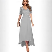 preiswerte Bodenlänge-A-Linie Mutter der Braut Kleid Elegantes Einfaches V-Hals asymmetrisches Chiffon Kurzarm mit einfarbig