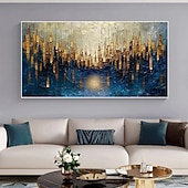 abordables Pinturas abstractas-Gran pintura al óleo original dorada sobre lienzo, arte de pared abstracto minimalista con textura azul, pintura personalizada, decoración de pared bohemia, decoración de pared de sala de estar