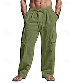 baratos Clássico-Homens Calças Cargo Calças de linho Calças Calça verão Calças de praia Com Cordão Cintura elástica Bolso multi Tecido Conforto Respirável Comprimento total Ao ar livre Casual Diário Férias Moda Preto