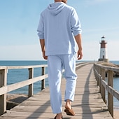 cheap Men&#039;s Tee Sets-Men&#039;s T-shirt Suits Shirt and Pant Sets 2 Pieces Outfits Long Sleeve Hooded Summer Spring Solid Color Fashion Casual Buttons 2 Piece Vacation Daily Wear Going out Black White Yellow Top Tee for Men