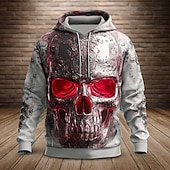 billiga Halloween Huvtröjor &amp; Sweatshirts-Herr Dödskalle Huvtröjor Tröja Ytterkläder Huvtröja Rund hals Häftig 3D-tryck Nattklubb Streetwear Rubinrött Blå Snörning Höst Vinter Designer