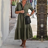 economico disegnare abiti in cotone e lino-Per donna Abito Midi Vestito Casual Abito in cotone e lino Abito Estivo Moda Moderno All&#039;aperto Data Weekend Vestibilità regolare Semplice Senza Maniche Colletto a Camicia Giallo Vino Verde militare