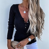 preiswerte Einfarbige Farben-Damen Bluse Einfach Modern Lässig Langarm V Ausschnitt Normale Oberteile Ferien Ausgehen Knöpfe Schwarz Rosa Blau Grün Khaki Herbst