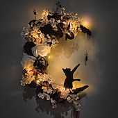 ieftine Coronițe de Halloween și decorațiuni florale-Coronițe LED de Halloween pentru decorarea ușii din față, interioare și exterioare, coroană de pisică cu lună și ramuri moarte, trandafir alb și negru, pentru decorul ferestrei de Halloween de Ziua