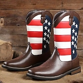 cheap Cowboy &amp; Western Boots-Men’s Brown Faux Leather Western Boots with American Flag Design – Durable Leather Boots for Outdoor Adventures, Country Events and Patriotic Celebrations