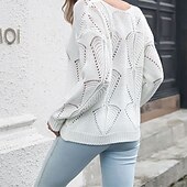 cheap Solid Colors-Women&#039;s Pullover Casual Solid Color Chunky V Neck Knitted Hole Long Sleeve Regular Tops Knit Daily Holiday Going out White Blue Summer Fall