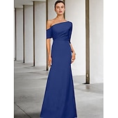 cheap Floor Length-A-Line Mother of the Bride Dress Wedding Guest Elegant Vintage One Shoulder Floor Length Charmeuse 3/4 Length Sleeve with Ruffles Side-Draped free custom size